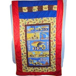Vintage 90s Construction Trucks Quilt Blanket 50x80 Double Sided Hand Made Train